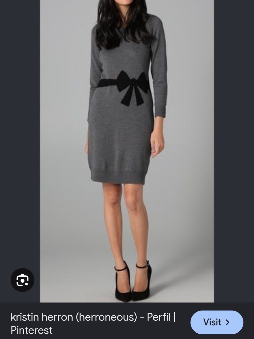 Milly Gray Knit Long-Sleeve Wool Dress with Black Bow